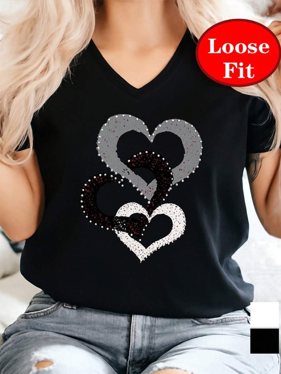 1 pieza, símbolo de amor, estampado de corazones, camiseta de manga corta con cuello en V, top casual de primavera/verano, ropa de mujer de talla grande, 180g 100% algodón. - Negro - Ver 1