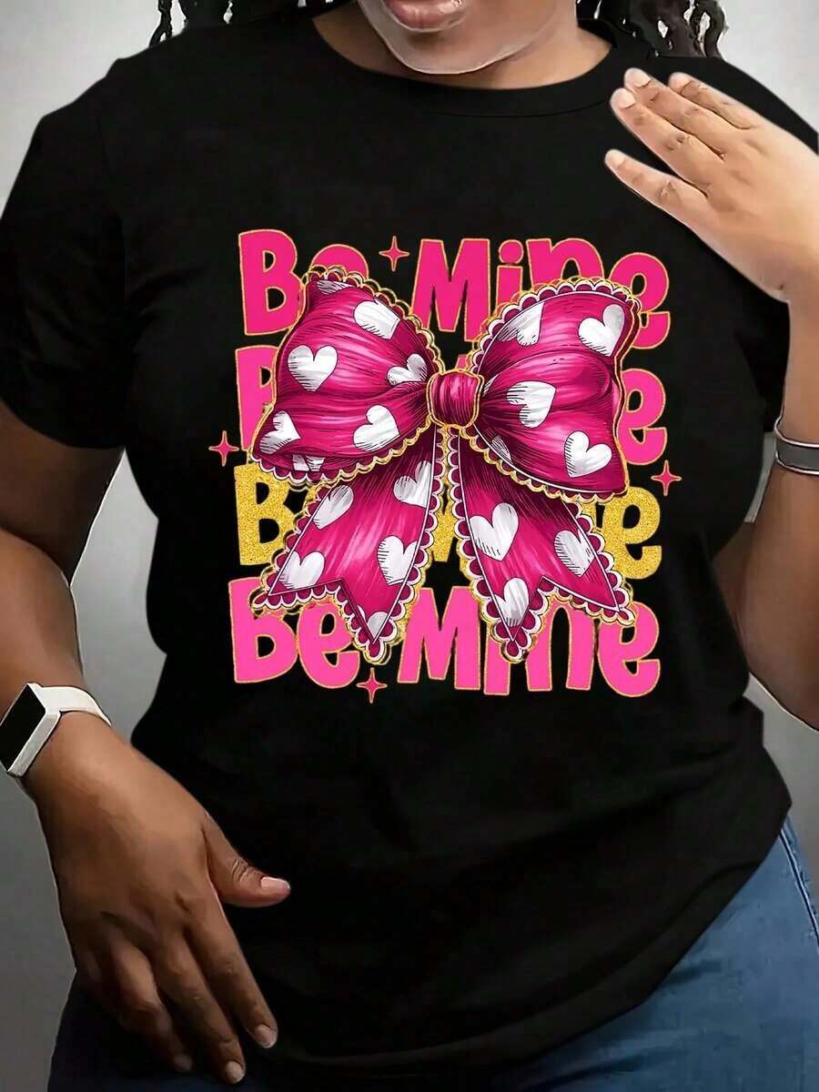 100% algodón, camiseta de mujer "Be Mine" con lazo rosa, corazones y texto, para el Día de San Valentín, ropa casual para fiestas. - Negro - Ver 1