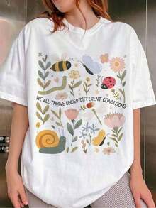1 pieza de ropa para mujer, camiseta blanca con estampado de insectos y flores, unisex, casual, de cuello redondo, tela ligera, lavable a máquina, para primavera/verano/otoño, Día de San Valentín/Pascua/Día de la Madre, 180g, 100% algodón. - Blanco - Ver 1