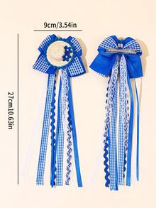 2pcs Blue Plaid Bow Hair Clips, Suitable For Girls, Pearl Flower Decor Hair Clips, Holiday Accessories, Personalized Hair Clips For Girls And Teens, Great For Spring And Summer Parties - Blue - View 7