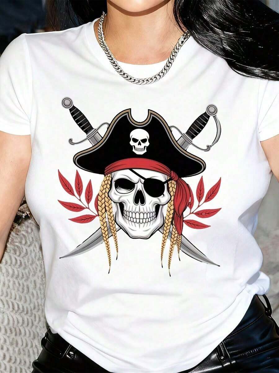 Camiseta Gráfica de Calaveras Piratas y Espadas Entrelazadas para Mujer - Camiseta de Cuello Redondo Azul Intenso con Detalles Rojos, Top Casual Suave para Uso Diario, Fiestas de Disfraces, Eventos Temáticos de Piratas y Atuendos Casuales - Diseño Pirata Auténtico, Accesorios Piratas, Ropa de Fiesta, Ropa Urbana Atrevida, Ajuste Cómodo, Camiseta Distintiva, Mujer - Blanco - Ver 1