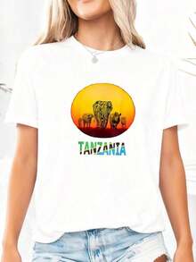 New Big Five At Sunset Tanzania Pride Summer Casual T-Shirt - Unisex Vintage Urban Style, Cotton, Short Sleeve, Round Neck - 白色 4 - 查看 3