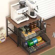 Countertop Coffee Machine Stand With 2 Tier Sliding Drawers - Coffee Pod Storage Organizer & Coffee Bar Rack, Walnut Wood Top, Metal Frame, Space Saving, Black + Walnut (14.6x9.8x13") - Black - View 10