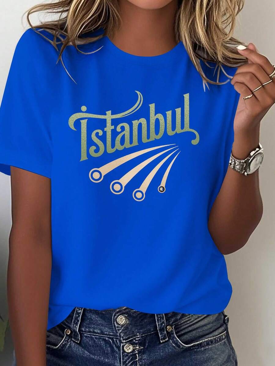 Camiseta de Mujer de Algodón Puro con Diseño Vintage de Estambul - Top casual cómodo en color verde, con un diseño inspirado en la cultura, adecuado para uso diario informal y vestimenta cultural, lavable a máquina y apto para todas las estaciones. - Azul - Ver 1