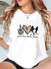 1 pieza Camiseta divertida para amantes de los Boston Terrier, para mamás de perros, Peace Love Boston Terrier, 180g, 100% algodón. - Blanco 3 - Ver 2
