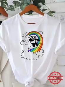 Camiseta de Mujer Blanca con Estampado de Panda Tierno yíris Surfeando -% Manga Corta Cuello Redondo, Top de Verano con Diseño de Panda Sonriente y Tabla de Surf, Ropa Casual de Playa, Estilo Surf, Outfits para el Día a Día (Lavable aáquina)Daily Casual Round Neck Short Sleeve-Shirt Women - Blanco - Ver 7