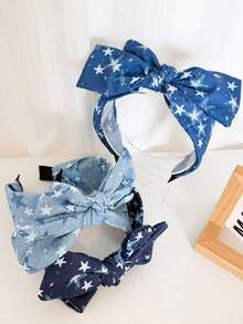 1pc Women's New Double-Layer Bow Headband, Versatile Fashion Elegant Denim Star Print Hair Accessory Hairband - Multicolor - View 1