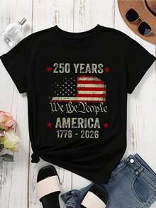 Casual T-Shirt For 250 Years We The People America 1776-2026 American Flag Independence Day Celebration Party Wear - 黑色 - 查看 2