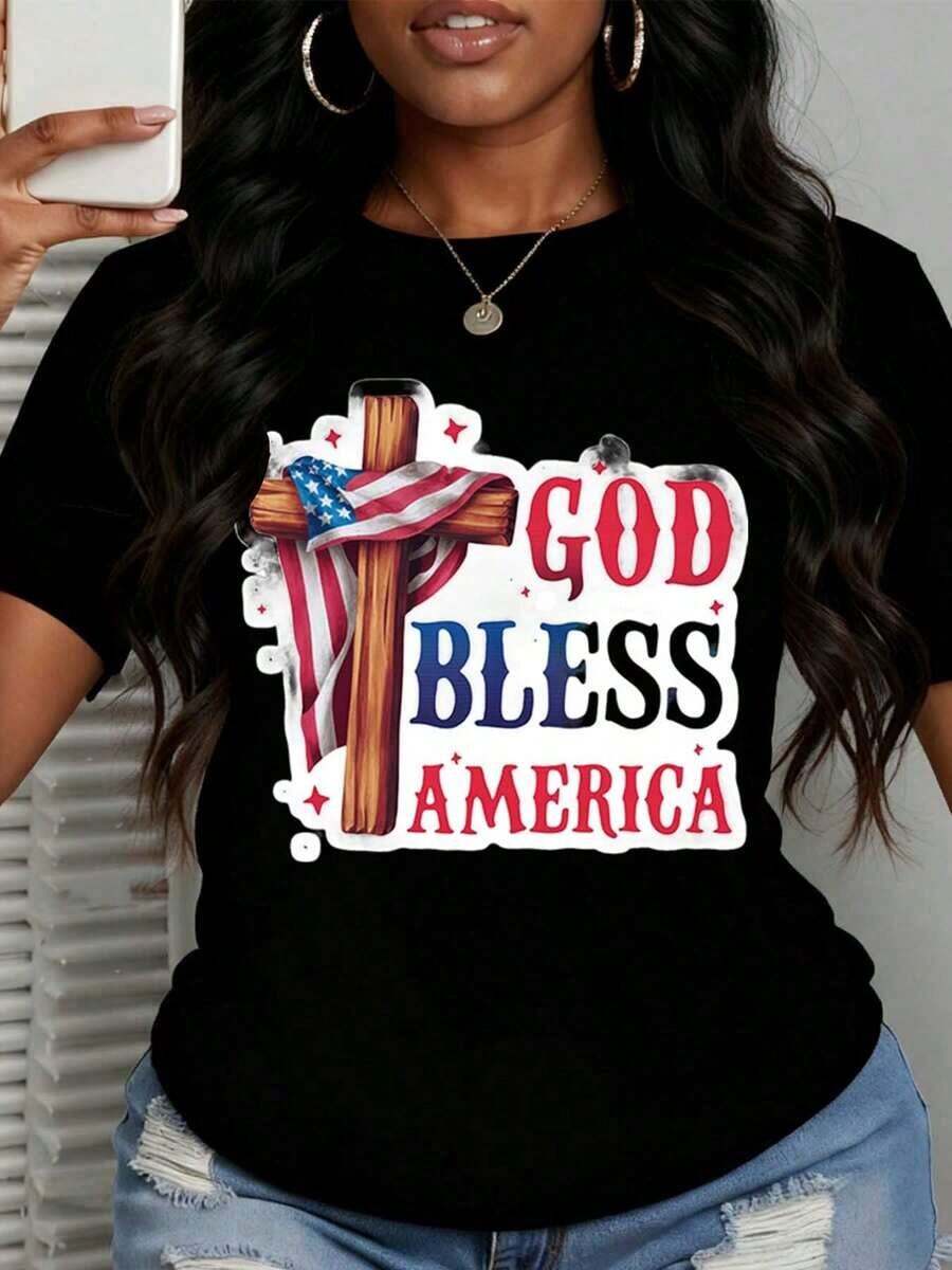 Camiseta de Mujer con Estampado Patriótico de la Bandera y la Cruz "God Bless America", Cuello Redondo, Manga Corta, Informal, Recomendada como Regalo, Versátil y Cómoda para Festivales, Fiestas, Celebraciones, Días Festivos Nacionales y Eventos. - Negro - Ver 1