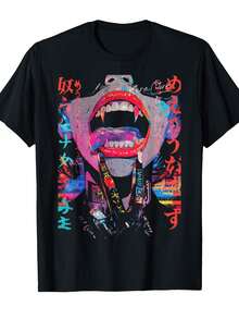Camiseta estilo japonés de street cyberpunk Y2K retro inspirada en la tecnología y los cómics de anime, 100% algodón - Negro - Ver 1