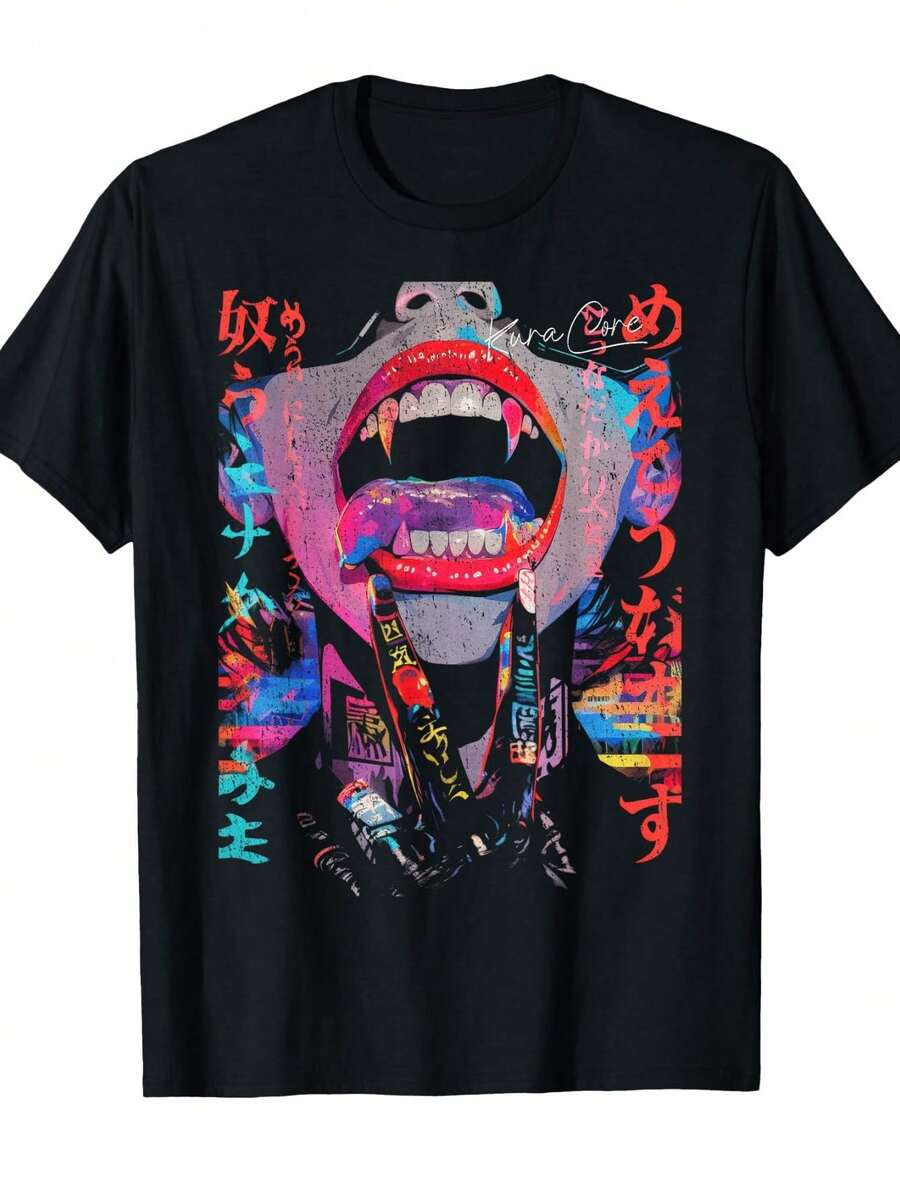 Camiseta estilo japonés de street cyberpunk Y2K retro inspirada en la tecnología y los cómics de anime, 100% algodón - Negro - Ver 1