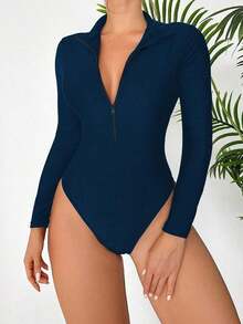 2026 Swim SPRTY Women's Minimalist Solid Color One-Piece Swimsuit With Zipper Closure, Suitable For Spring/Autumn Beach Vacation - 藍色的 - 查看 9