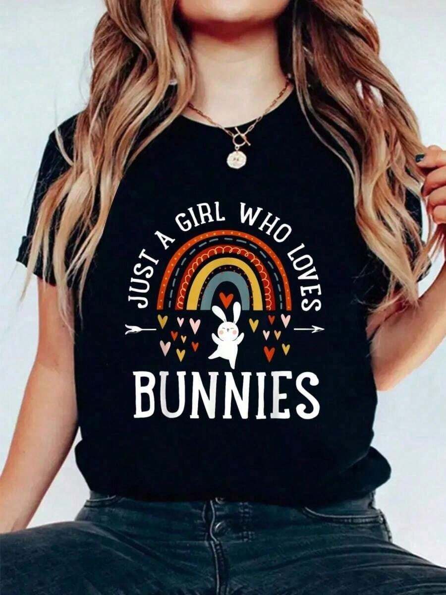 Camiseta Vintage de Algodón, Camiseta de Algodón "Just A Girl Who Loves Gifts Bunny Lover", Camiseta de Algodón Puro de Alta Calidad de 220g con Estampado Minimalista, Tela Suave y Transpirable, Cómoda y Holgada, Adecuada para Uso Diario, Ideal para Vestimenta Casual de Oficina, Apariencia Diaria de Primavera y Verano, Diseño Elegante y Juvenil, Ropa de Hombre para Uso Diario. - Negro - Ver 1