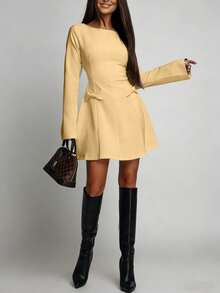 Mini Dress With Long Sleeves, Round Neck With Bow And Defined Waist - Yellow - View 2