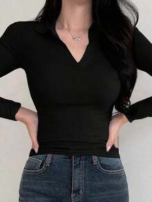 Camiseta casual de manga larga de cuello polo ajustada de unicolor para mujer, primavera y verano - Negro 2 - Ver 6