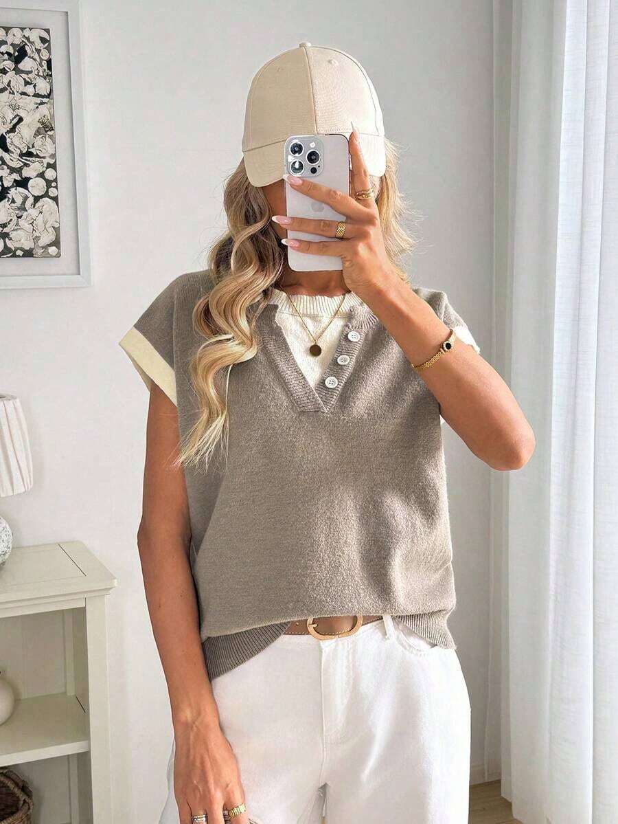 Chaleco de punto casual de contraste de color para mujer, jersey casual de cuello Henley de bloques de color, suéter suave de 2 en 1 para mujer de verano en beige, ropa casual - Camel - Ver 1