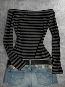 Estilo recomendado de gran , camiseta de manga larga con cuello de una línea y estampado de letras de Nueva York Brooklyn en estilo retro americano para mujer, adecuada para compras diarias, citas y uso escolar, estilo delgado y ajustado de chica - Multicolor 2 - Ver 2