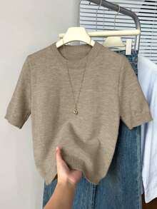Suéter de punto de cuello redondo de manga corta para mujer, de unicolor casual para uso diario, jersey ligero minimalista y lindo, top de verano para mujer, conjunto de verano para mujer, suéter de punto de verano, top de verano adorable para mujer - Caqui - Ver 1