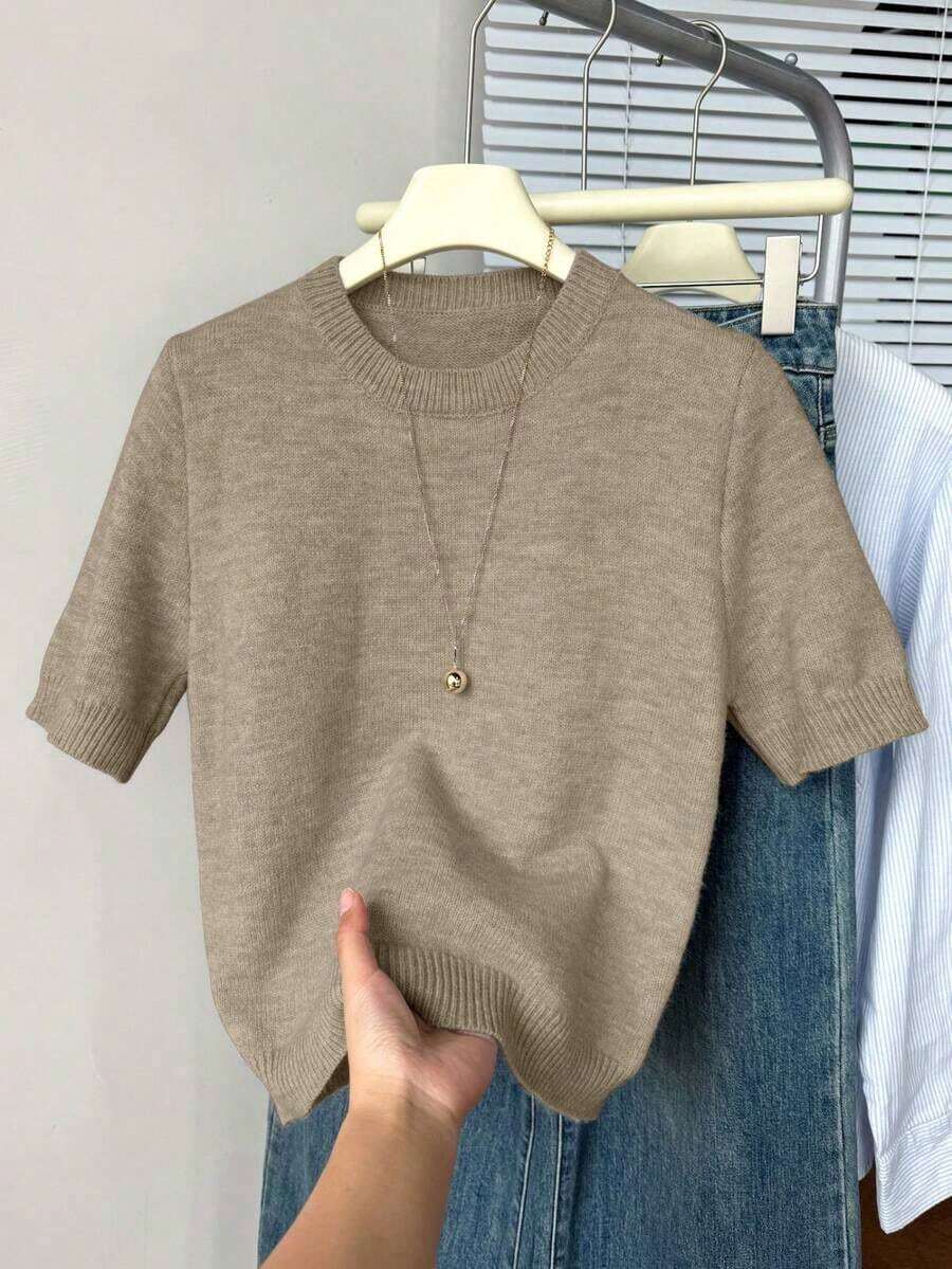 Suéter de punto de cuello redondo de manga corta para mujer, de unicolor casual para uso diario, jersey ligero minimalista y lindo, top de verano para mujer, conjunto de verano para mujer, suéter de punto de verano, top de verano adorable para mujer - Caqui - Ver 1