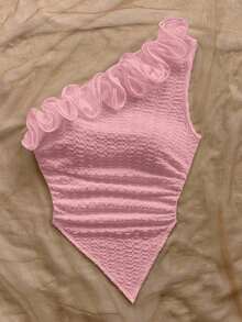 Blusa ajustada con un hombro con adorno floral romántico, adecuada para vacaciones, festivales de música, estilo bohemio, citas, té de la tarde - Rosa - Ver 4