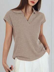 -Less Camiseta informal de manga corta con parches de unicolor para mujeres, estilo casual de negocios de verano - Marrón - Ver 1