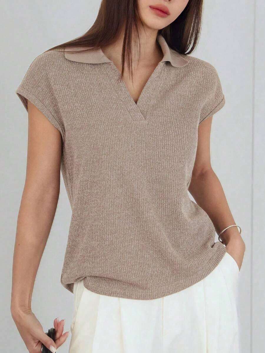 -Less Camiseta informal de manga corta con parches de unicolor para mujeres, estilo casual de negocios de verano - Marrón - Ver 1