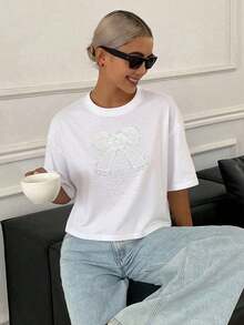 Camiseta de mujer de manga corta, cuello redondo, holgada, con pliegues y estampado floral, para el verano - Blanco 5 - Ver 5