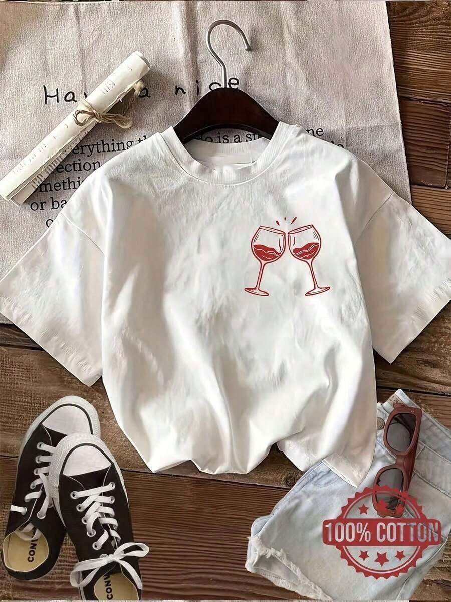 Women's 180g Pure Cotton White T-Shirt, Soft And Comfortable, With Wine Glass Design And Health Quotes, Elegant And Breathable, Perfect For Year-Round Wear - 白色 - 查看 1