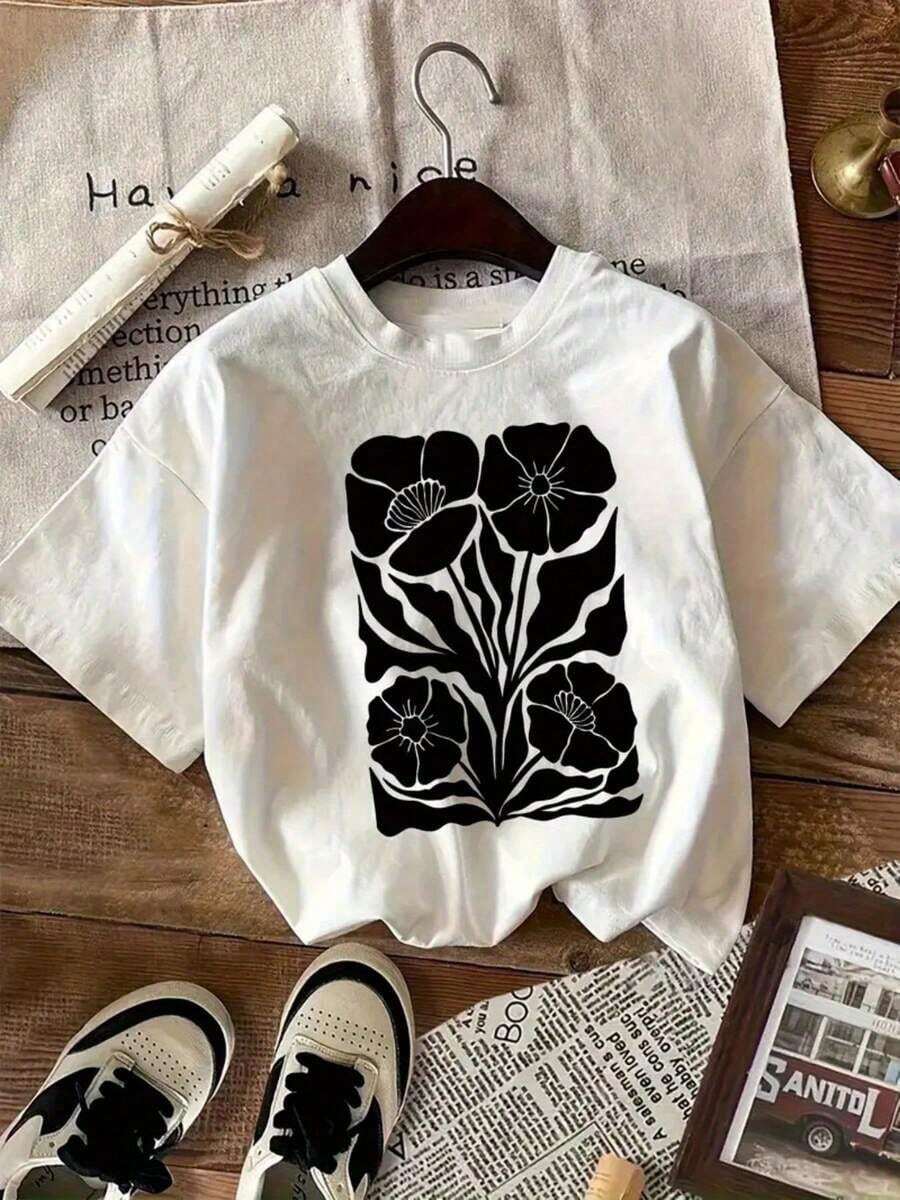 Top Casual para Mujer con Cuello Redondo y Mangas Cortas, Diseñado con un Patrón de Letras, Perfecto para la Moda de Primavera y Verano. - Blanco - Ver 1