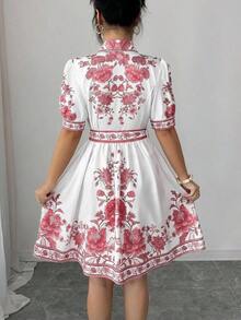 Conjunto de vestido corto de manga corta con cintura ceñida y estampado floral azul y blanco, elegante y romántico para vacaciones, primavera/verano - Multicolor 4 - Ver 2