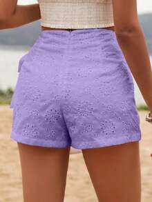 Shorts De Falda Envuelta Con Detalle De Nudo Bordado De Ojal Para Verano - Morado - Ver 2