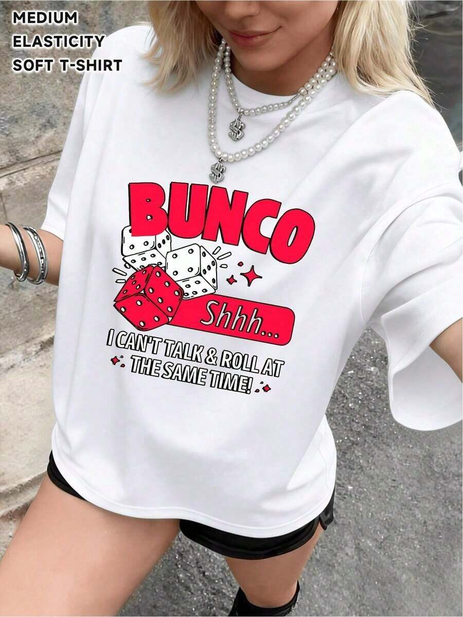 Camiseta de manga corta estilo Y2K para mujer, con estampados únicos e interesantes de dados y letras en inglés, estilo elegante, casual y sexy, adecuada para ropa urbana. Camisetas de verano con estampado gráfico sencillo, regalo informal para el Día de la Madre. Adecuado para primavera, verano y otoño. - Blanco - Ver 1
