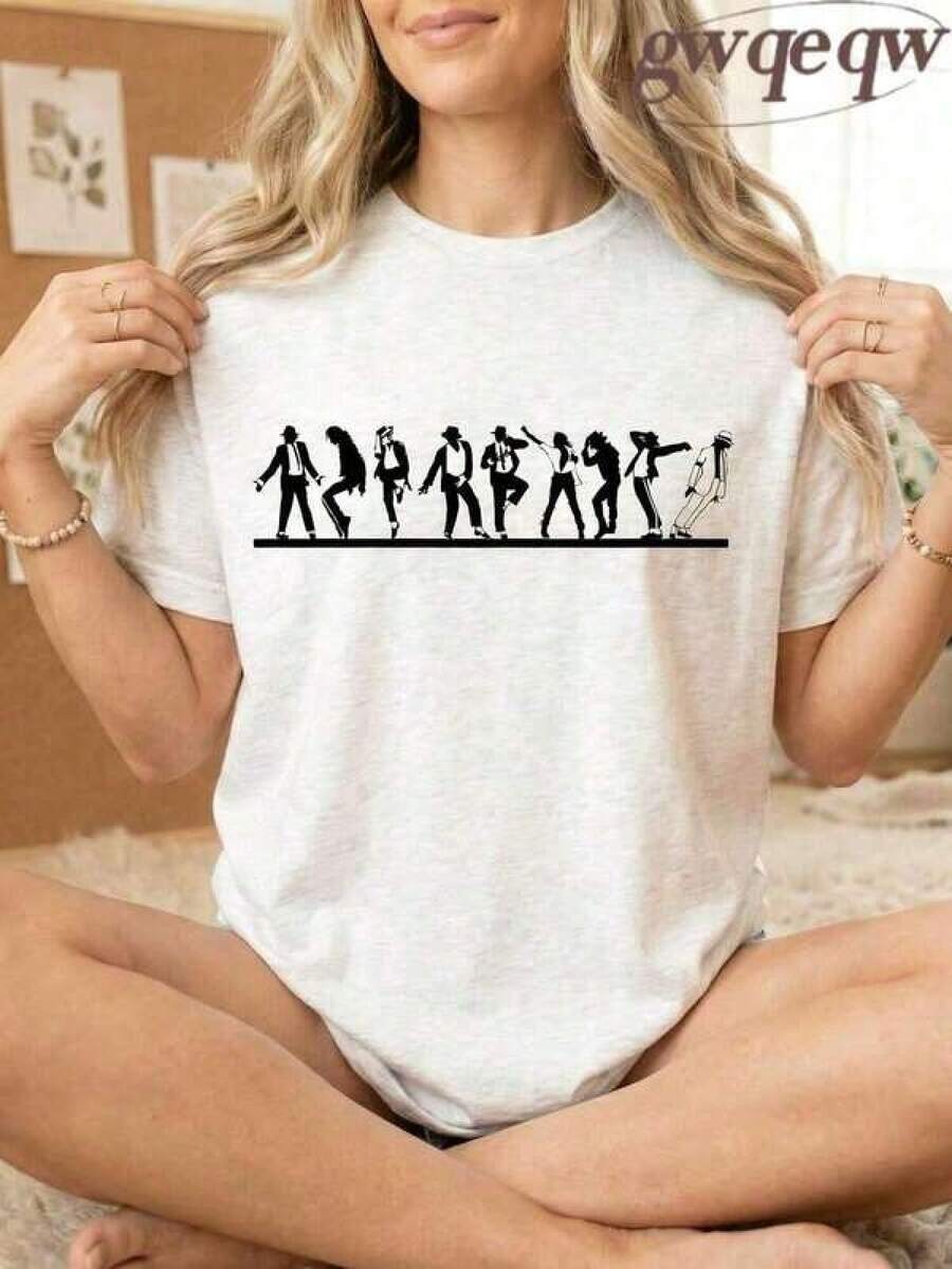 Camiseta Estilo UrbanoJackson King Of Pop Dance Silhouette Graphic T Shirts Women, Iconic Moves Print Oversized Tee, Summer Tops, Vacation Fits Women, Summer Fits For Women, Music Festival Fit, Retro Concert T Shirtssummer Outfits For Women,Camiseta informal negra de cuello redondo para hombre, camisas para niños, ropa para niñas, conjuntos de chicas de televisión, conjuntos a juego para madre e hija, adecuados para regalos de San Valentín, unisex - Blanco - Ver 1