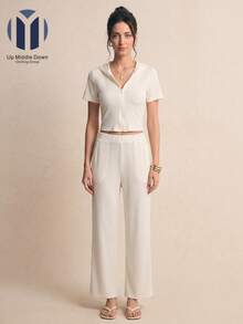 Conjunto Casual de Dos Piezas para Mujer: Top con Cierre y Pantalón de Pierna Ancha - Ideal para Primavera/Verano - Beis - Ver 5