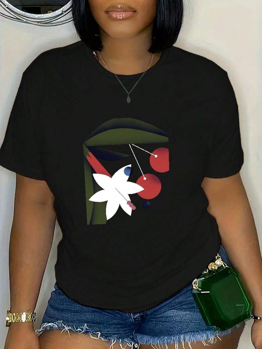 Camiseta Estampada para Mujer de Tallas Grandes - Top Casual Negro de Manga Corta con Cuello Redondo, Estampado Floral y de Aves en Blanco, Lavable aáquina - Camiseta Vintage de Estilo Urbano Unisex de Algodón Suelto de Manga Corta con Cuello Redondo - Negro - Ver 1