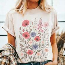 Camiseta Vintage con Diseño Botánico de Flores Silvestres Británicas - Camiseta Casual Suave, Regalo para Amantes de la Naturaleza, Perfecta para Senderismo, Comodidad Diaria - Estilo Urbano Vintage, Camiseta Unisex de Manga Corta de Algodón Suelto con Cuello Redondo, blusas para mujer. blusas.blusas casuales para dama. - Albaricoque - Ver 4