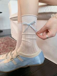 1 Pair Summer Thin Breathable Moisture-Wicking Ins-Style Ribbed Socks, Ballerina Bow Decor Mid-Calf Socks For Women - Multicolor - View 6