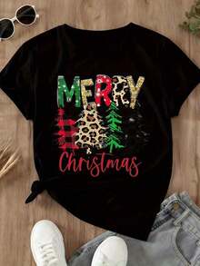 Camiseta Blanca de Mujer con Estampado de Árbol de Navidad y Cuadros de Leopardo - Camiseta Gráfica Festiva para las Fiestas - Estilo Vintage Urbano Unisex - Camiseta de Manga Corta de Algodón Suelto con Cuello Redondo - 100% algodón - Negro - Ver 4