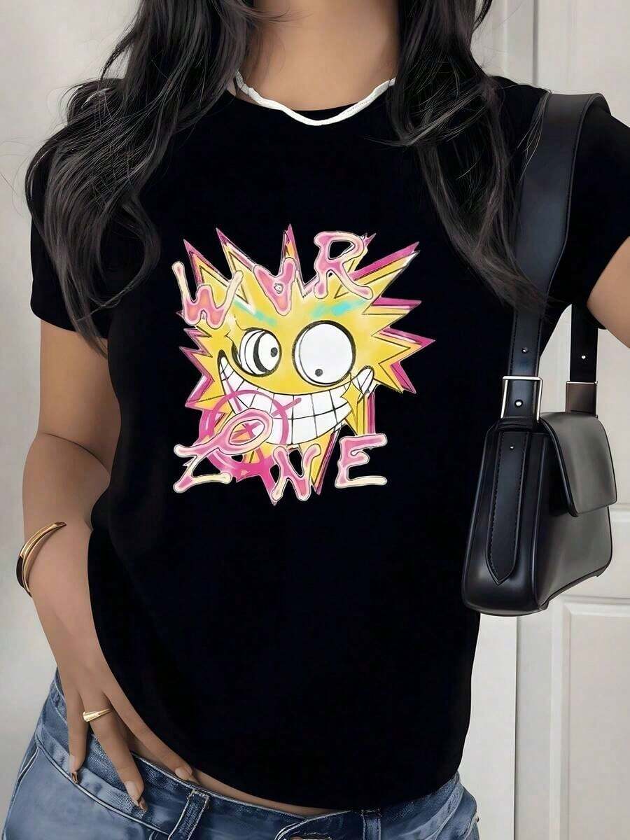 War Zone Cartoon Face Graphic Print T-Shirt, 180g, 1 Piece, Funny, Casual For Women, 100% Cotton, Streetwear Style - 黑色 - 查看 1
