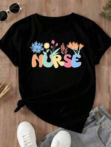 Camiseta de Enfermera para Mujer con Estampado Floral Colorido y Texto de Enfermera, Ropa Casual de Verano para Mujeres - Negro - Ver 2