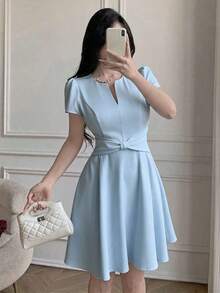 Vestido elegante con diseño de lazo para ceñir la cintura, estilo francés para mujeres - Blanco - Ver 10