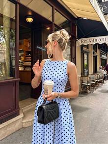 2026 Nuevo vestido azul de primavera/verano para mujer, de estilo casual y elegante para vacaciones, con cuello cuadrado sin mangas, ajustado a la cintura y corte evasé, con estampado de lunares, adecuado para festival de música, estilo callejero, fiesta, cumpleaños, vacaciones y ocasiones formales - Blanco - Ver 6