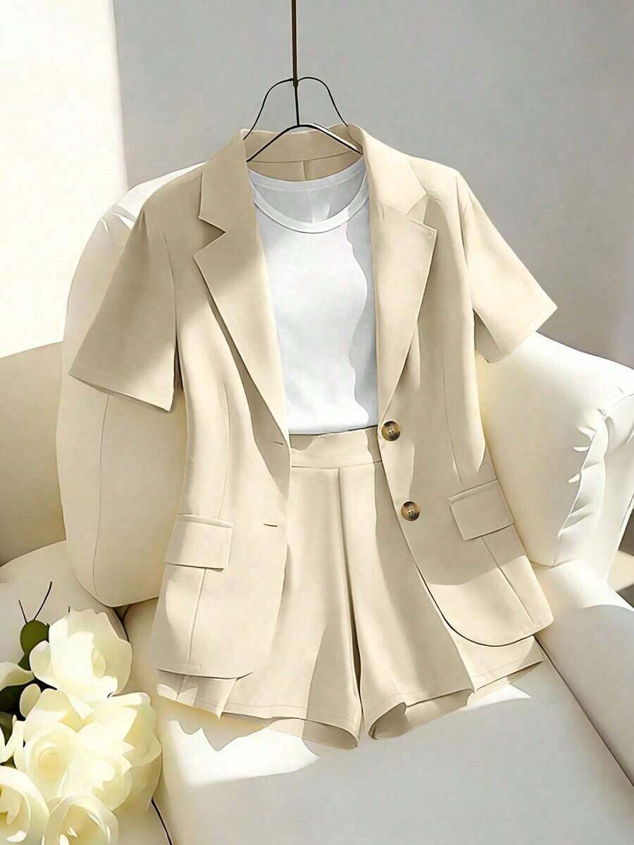 Conjunto de atuendo casual elegante para ir al trabajo, incluye chaqueta tipo blazer de manga corta amarilla y conjunto de pantalones cortos/pantalones de pierna ancha, para mujer en primavera/verano - Caqui - Ver 1