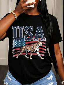 Camiseta de Mujer con Estampado de Bandera de Estados Unidos y Guepardo, Diseño Patriótico para Celebración del Día de la Independencia y Uso Casual - Negro - Ver 6