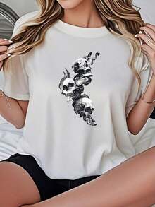 Camiseta de Mujer Casual de Corte Holgado, Opciones en Blanco y Negro, Estampado Gráfico de Calaveras, Camisetas de Uso Diario de Verano, Tops de Verano, Camisetas Gráficas, Conjuntos de Verano para Mujer, Camisetas Cortas para Mujer, Tops Vintage de Algodón, Ropa Linda para Mujer, Playera Holgada para Mujer - Blanco - Ver 7