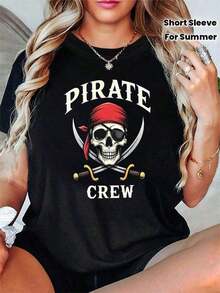 Comfortable100% cotton Camiseta PIRATE CREW con Estampado de Letras, Manga Corta y Cuello Redondo Casual para Primavera y Verano, Ropa de MujerFashion All-match Women's Short Sleeve T-shirt, - Negro - Ver 8