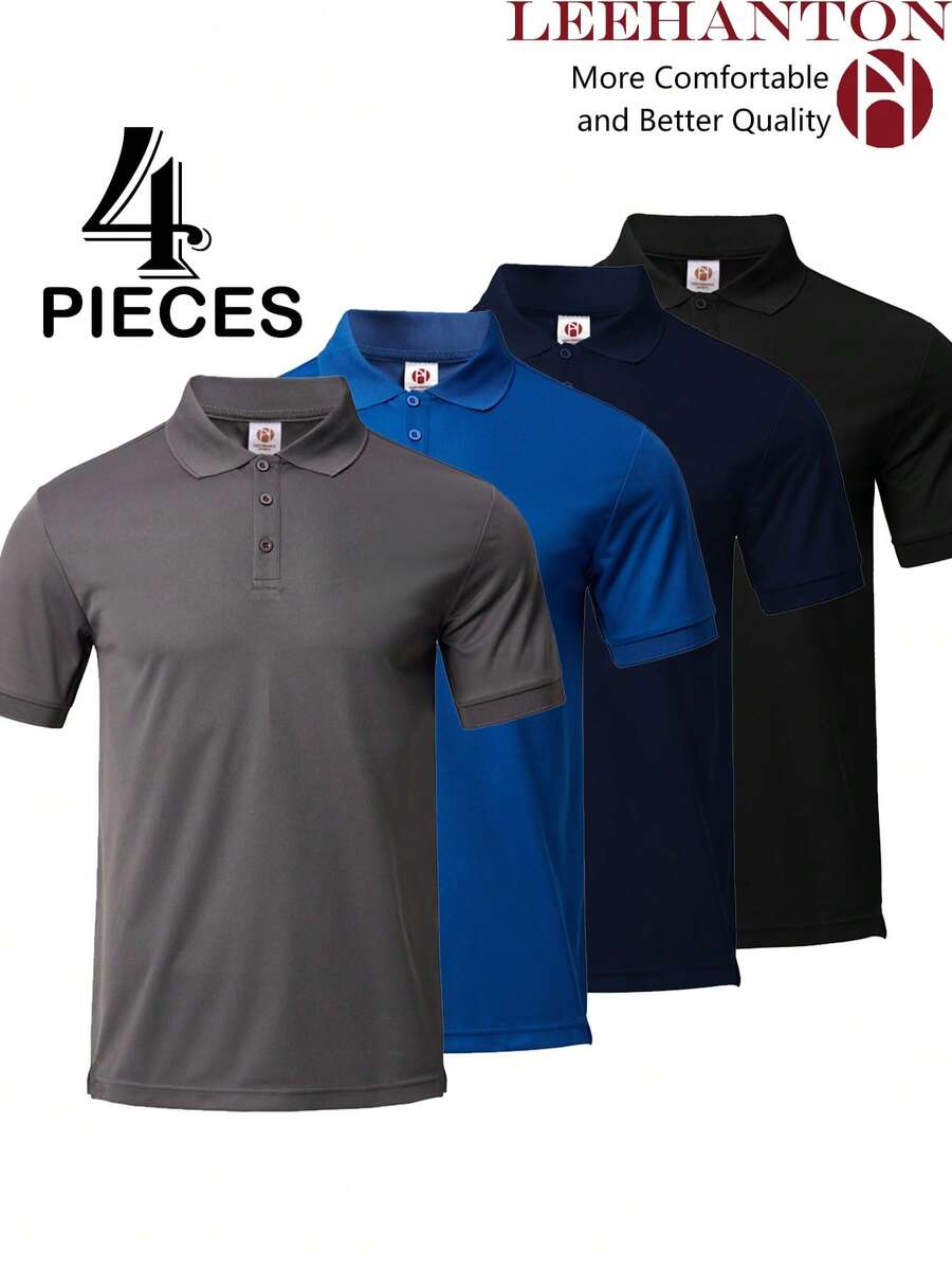 Men Polo Shirts 4PCS Men's 3 Button Quick Dry Polo Shirt | Short Sleeve Ribbed Hem & Breathable Knit Collar For Active & Casual Style - Svart + Marinblå + Mörkgrå + Kungsblå - Visa 1