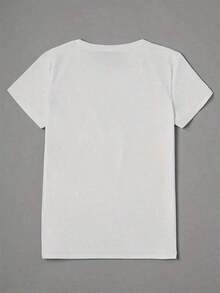 Elegante camiseta de manga corta decorada con un estampado de corazones multicolor, hecha de tela suave y elástica, con diseño de cuello redondo, casual y versátil, adecuada para todas las estaciones. Perfecto para el hogar, la oficina, fiestas y otras ocasiones. Conjunto de verano para mujer - camiseta de manga corta de algodón puro, estilo retro urbano, unisex y holgada. - Blanco - Ver 2