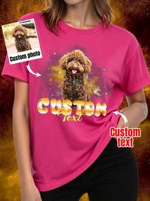 Custom Pet Print T-Shirt, 90s Retro Bootleg Rap Style,Fans & Custom Text/Image Design Summer - Hot Pink - View 3