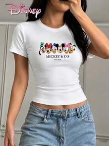 Disney Women's Slim-Fit Cropped T-Shirts With Mickey Mouse Family Head Print, Simple Preppy Style, Suitable For Daily Commutes, Casual Outings, And Outings With Friends. - White - View 2